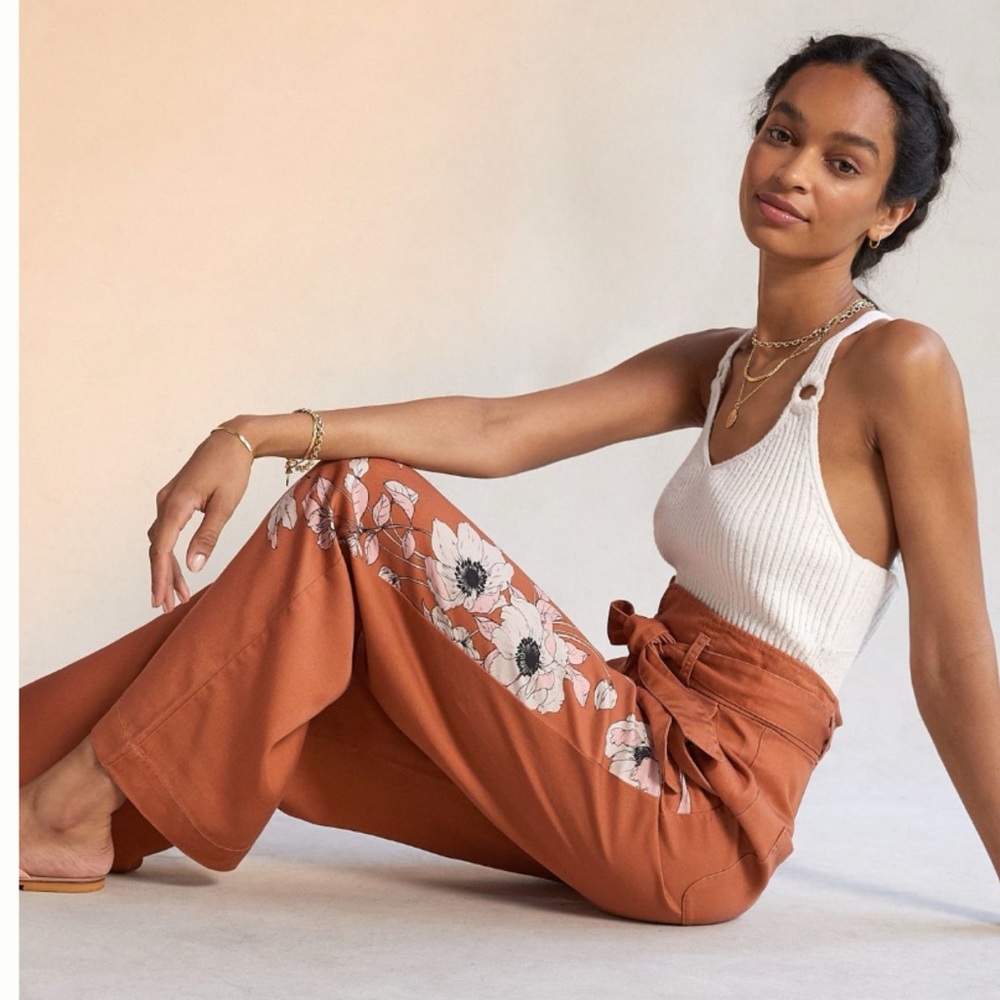 Anthropologie Rust Floral Wide-Leg Pants with White Flowers